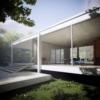 Farnsworth House/by Mies van der Rohe, Ext.Bug tree_Peter Guthrie_MsAISa3